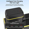 A black battery charger with a light indicator showing charging status, including red and green lights.