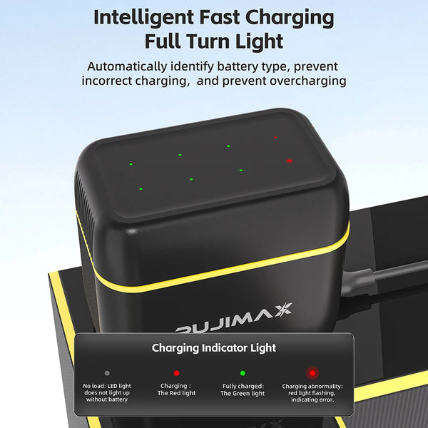 A black battery charger with a light indicator showing charging status, including red and green lights.