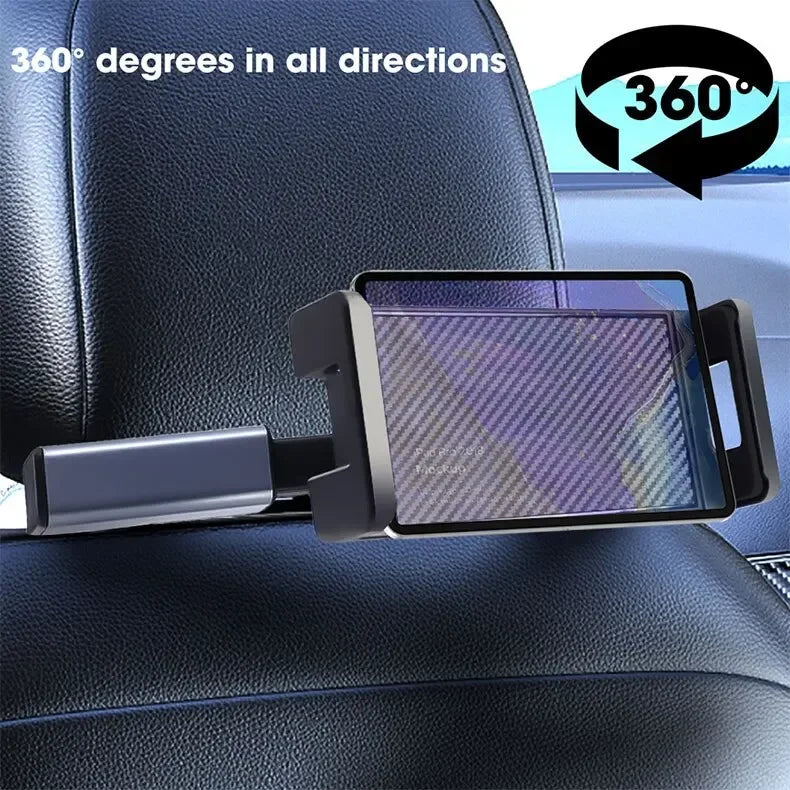 A black telescopic car headrest phone and tablet mount is shown attached to a dark leather car seat.