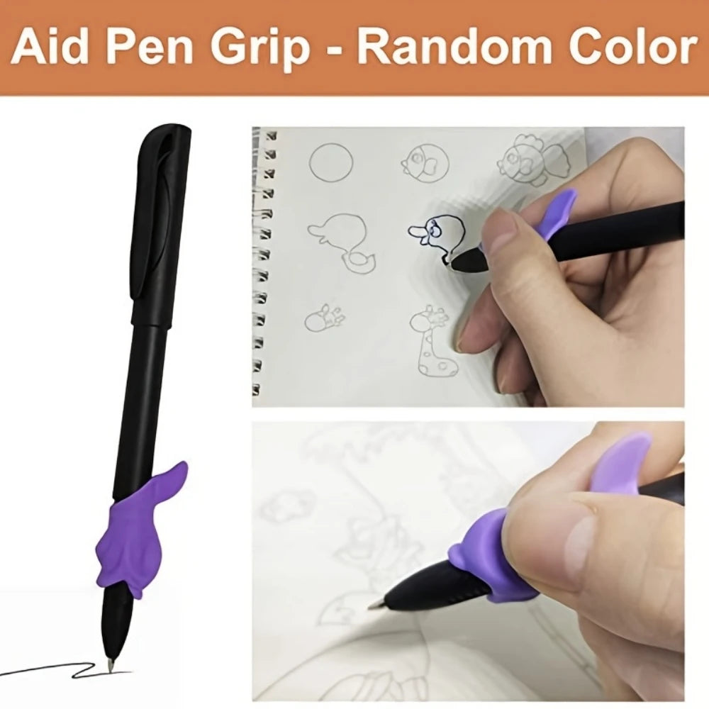 A hand holds a black pen with a purple grip writing on an educational practice book.