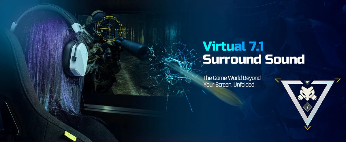 A person wearing a purple-haired head is using a gaming headset to experience Virtual 7.1 Surround Sound.
