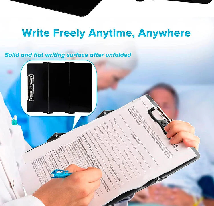 A person writes on an A4 foldable medical clipboard, demonstrating its ability to write freely anytime and anywhere.