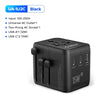 A black universal travel adapter with USB-A and USB-C ports is shown.