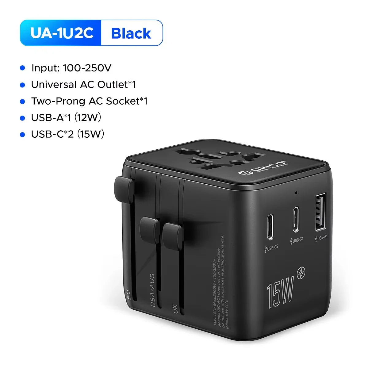 A black universal travel adapter with USB-A and USB-C ports is shown.