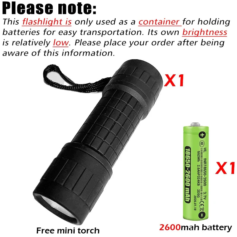 Black tactical LED flashlight with a 2600mAh battery and zoom feature
