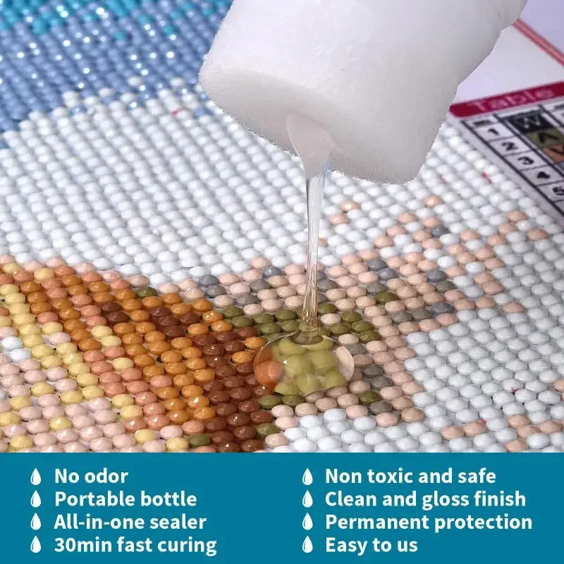 Ein weißer Klebstoffapplikator tropft eine klare Flüssigkeit auf eine Mosaikoberfläche aus farbigen Perlen zum Diamantmalen.