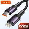 A purple and black PD20W fast charging cable with USB-C connectors shown against a white background.