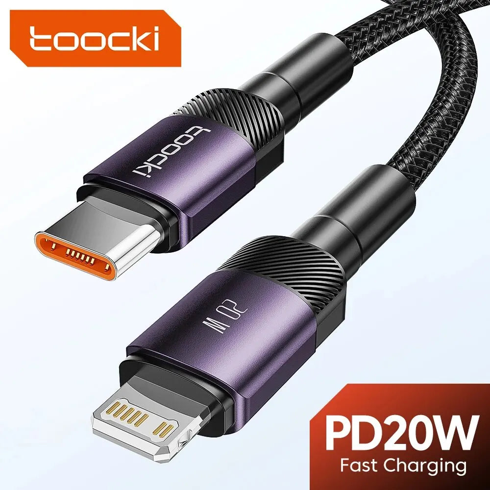 A purple and black PD20W fast charging cable with USB-C connectors shown against a white background.