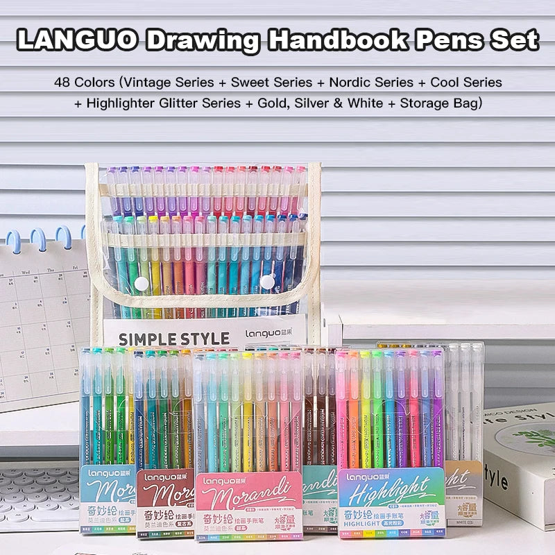 A set of Languo drawing handbook pens in various colors and glitter finishes displayed in a storage bag.