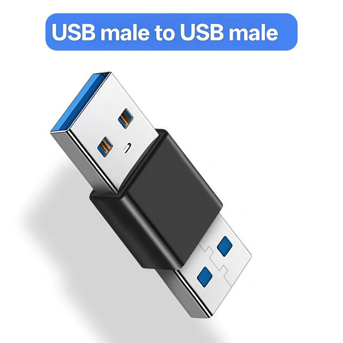 A male to male USB adapter with a blue connector and black housing.