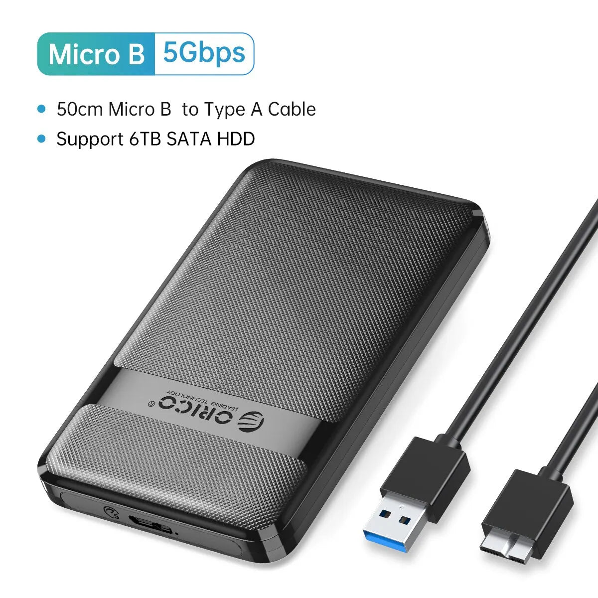 A black hard drive enclosure for a 6TB SATA HDD, featuring a Micro B to Type A cable connection.