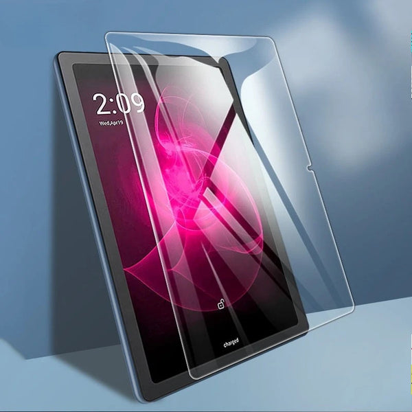 A clear tempered glass screen protector is shown on a tablet displaying a pink and purple abstract design.