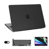 A black ultra-thin hard shell laptop case for a MacBook Pro or Air, shown with the laptop and keyboard.