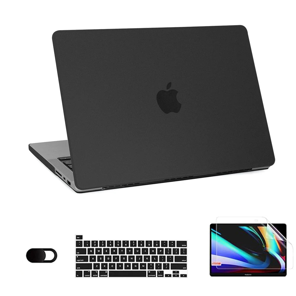 A black ultra-thin hard shell laptop case for a MacBook Pro or Air, shown with the laptop and keyboard.