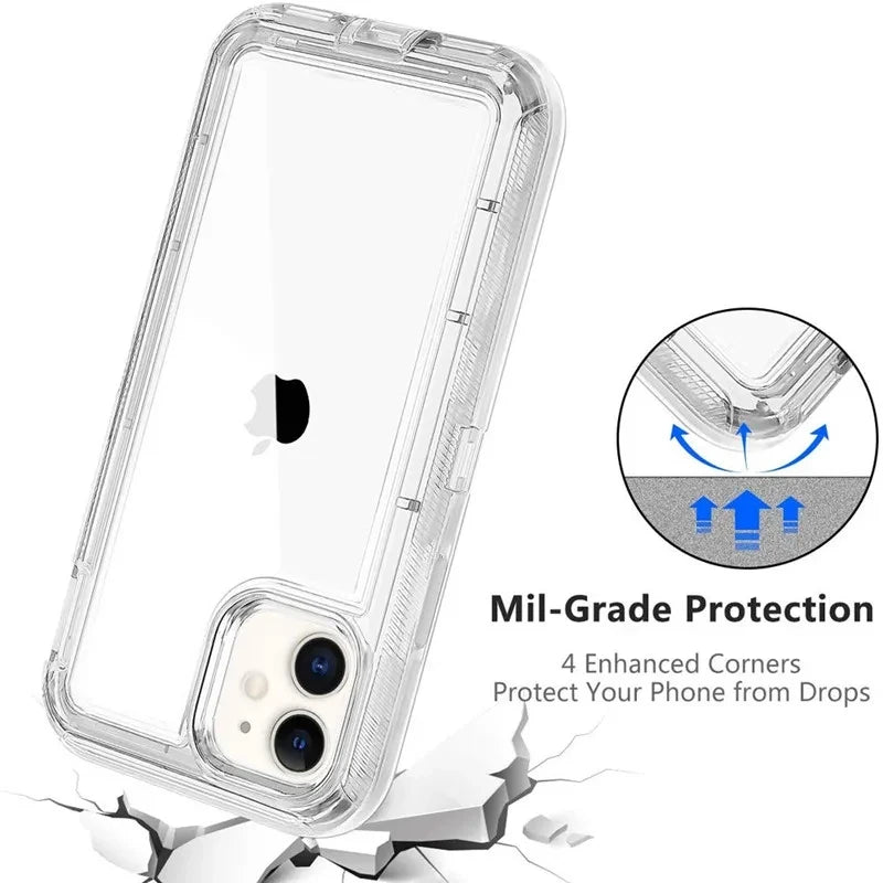 Clear Mil-Grade shockproof case for iPhone, featuring enhanced corners to protect the phone from drops.