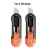 Two orange deli mini pocket knives with silver blades shown side by side