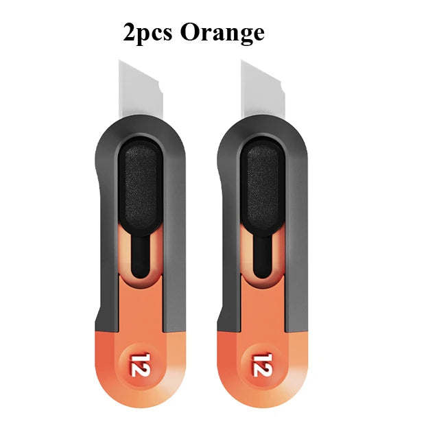 Two orange deli mini pocket knives with silver blades shown side by side