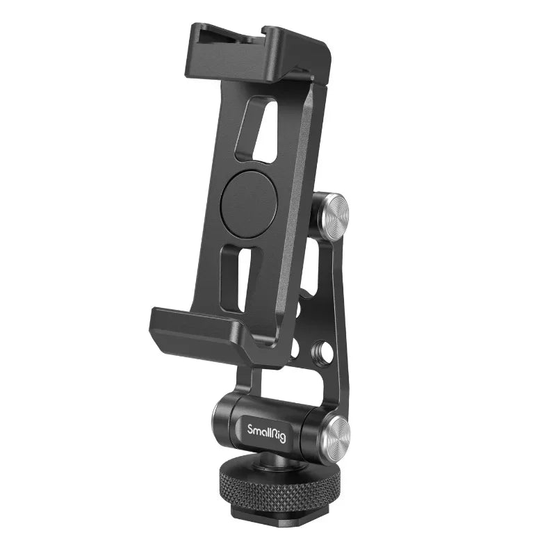 A black versatile metal phone mount designed for camera gear.