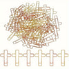 A pile of dual-tone decorative paper clips shown from above and a row of individual clips.