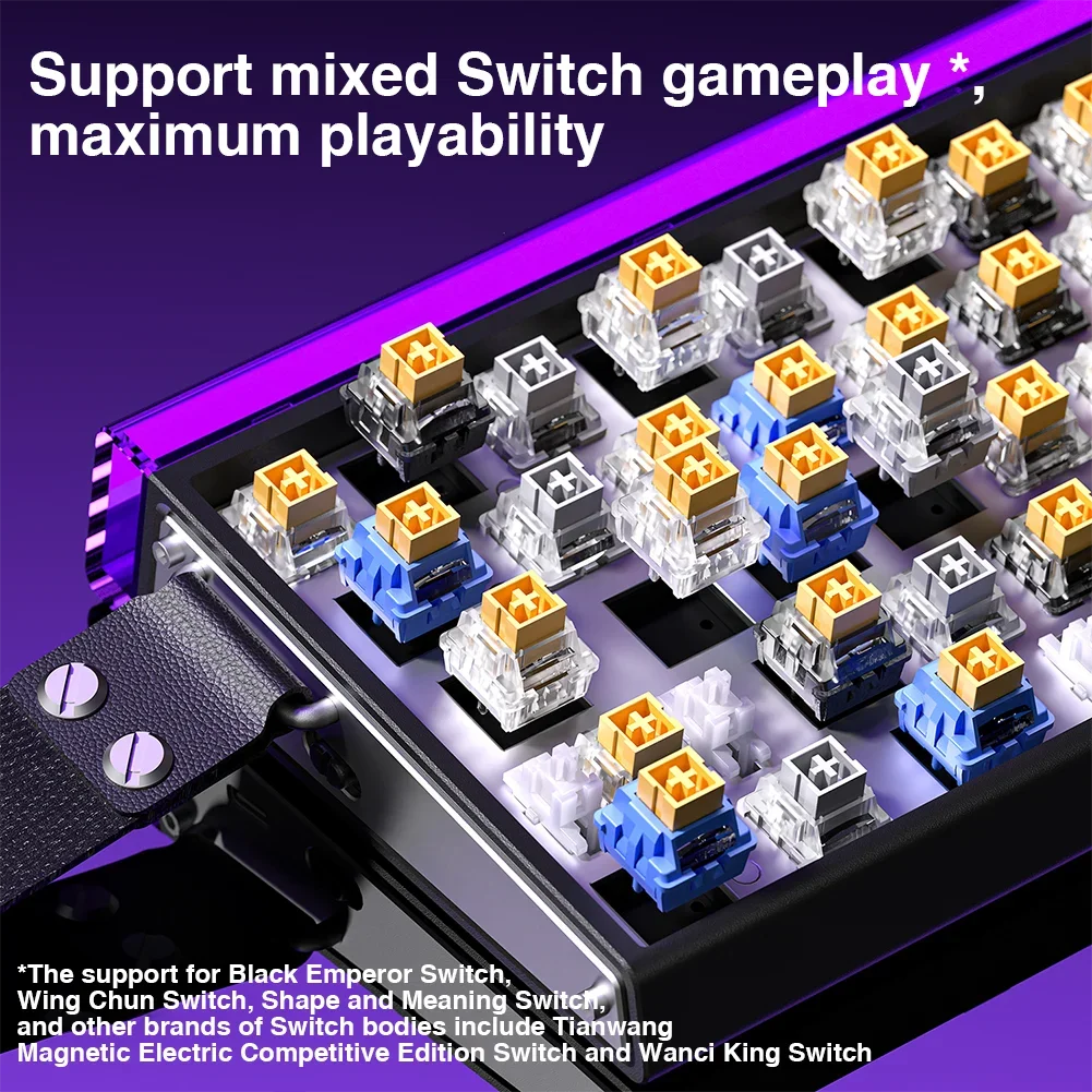A close-up view of a magnetic switch mechanical keyboard featuring various colored switches and components.