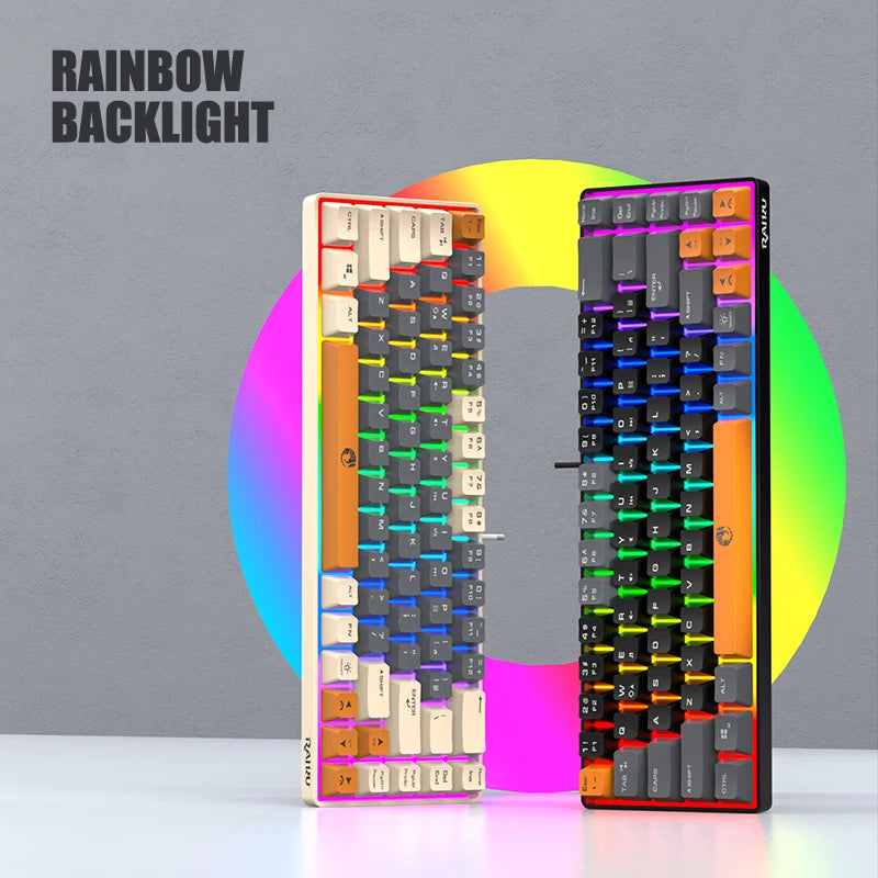 A close-up view of a compact 68-key wired mechanical gaming keyboard with rainbow backlight on a gray background.