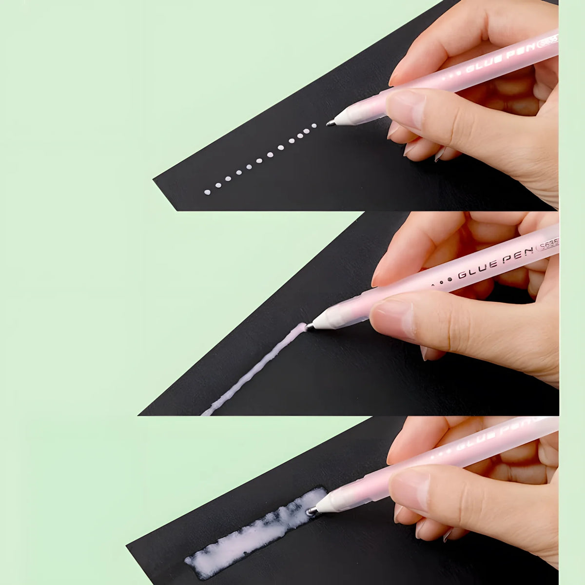A hand uses a glue pen to apply white glue dots on a black surface.