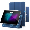 A blue magnetic folio case for an iPad Pro or Air, shown with a white Apple Pencil inside.