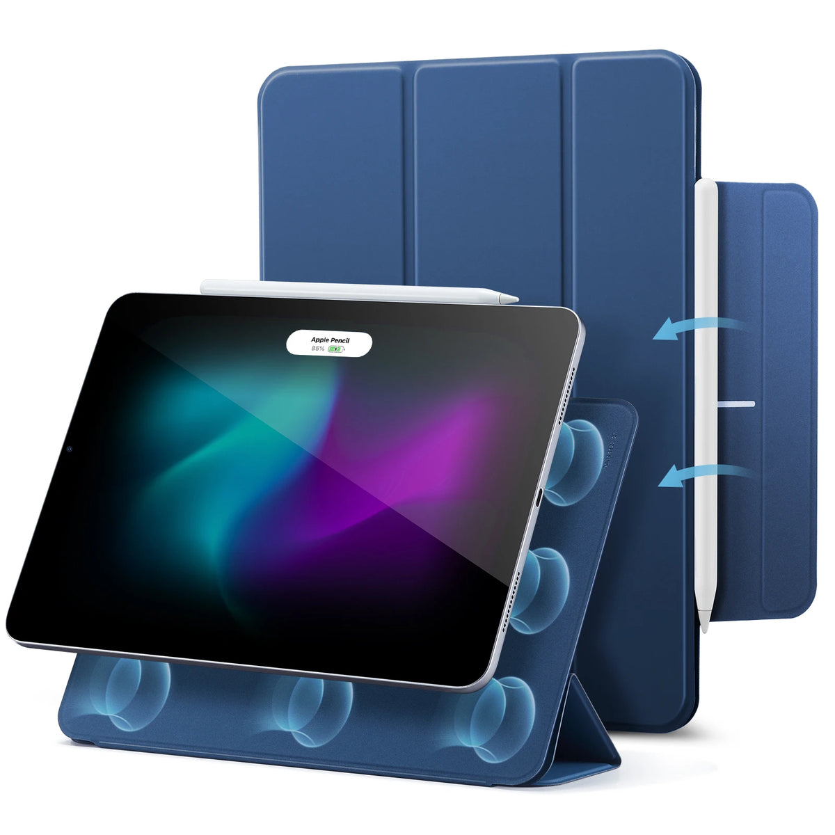 A blue magnetic folio case for an iPad Pro or Air, shown with a white Apple Pencil inside.