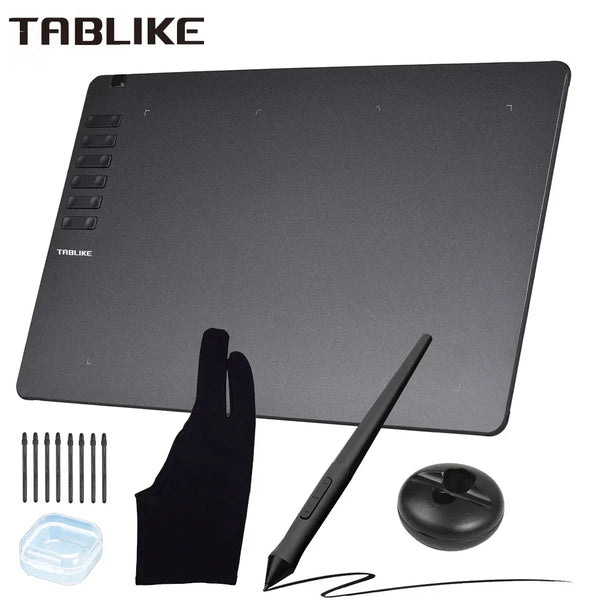Schwarzes Tablike digitales Zeichen-Tablet mit Stift und Zubehör auf weißem Hintergrund.