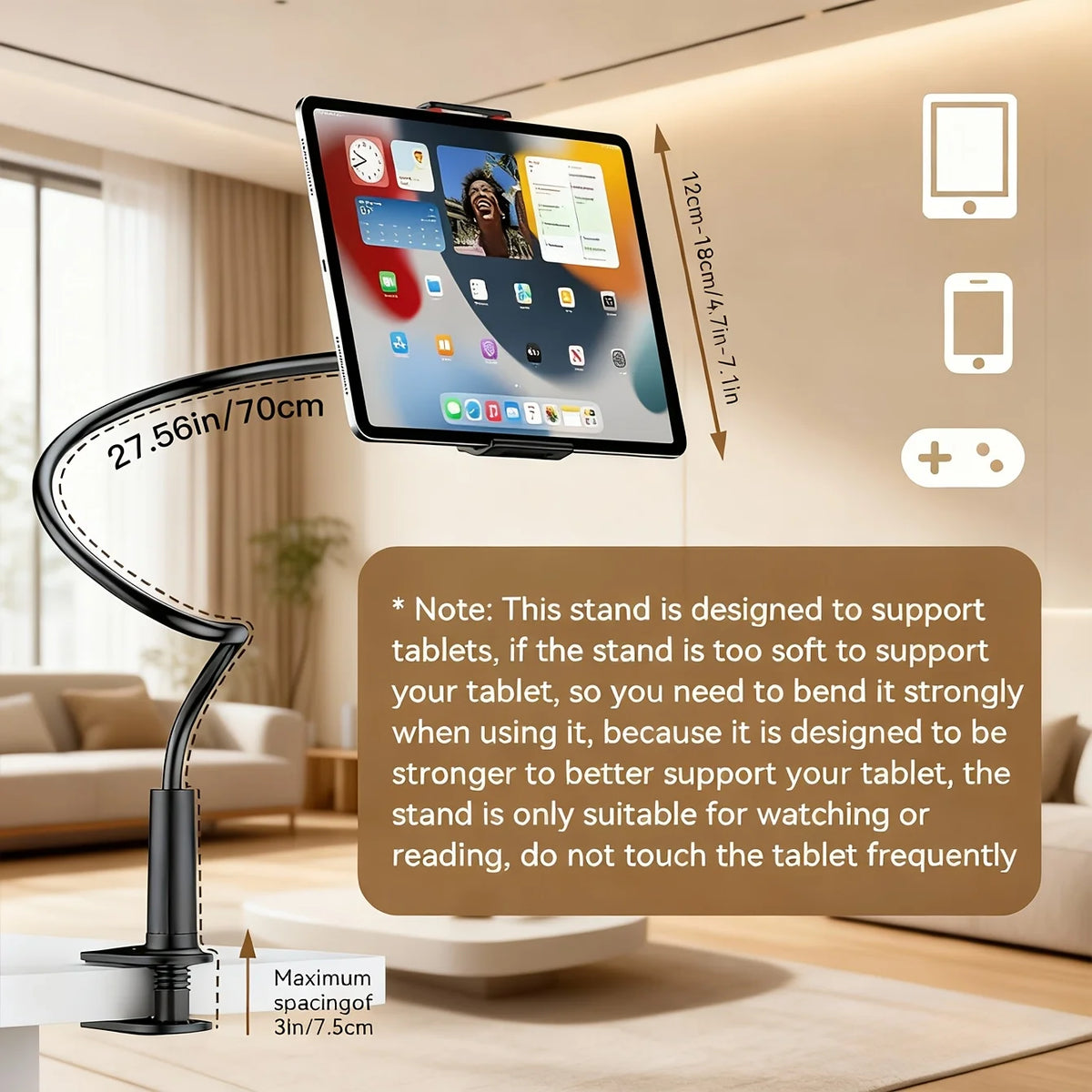 A black adjustable stand holding an iPad tablet and a smartphone for viewing or reading.