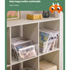 A white storage shelf displaying various clear mesh bags and a yellow storage box for neat baby storage.