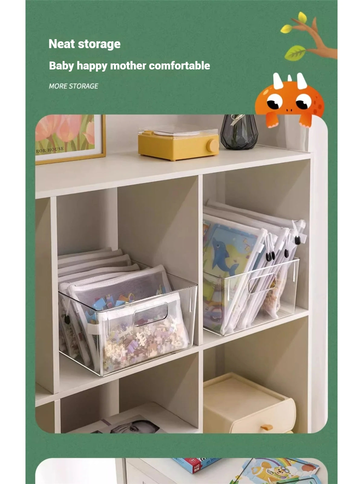 A white storage shelf displaying various clear mesh bags and a yellow storage box for neat baby storage.