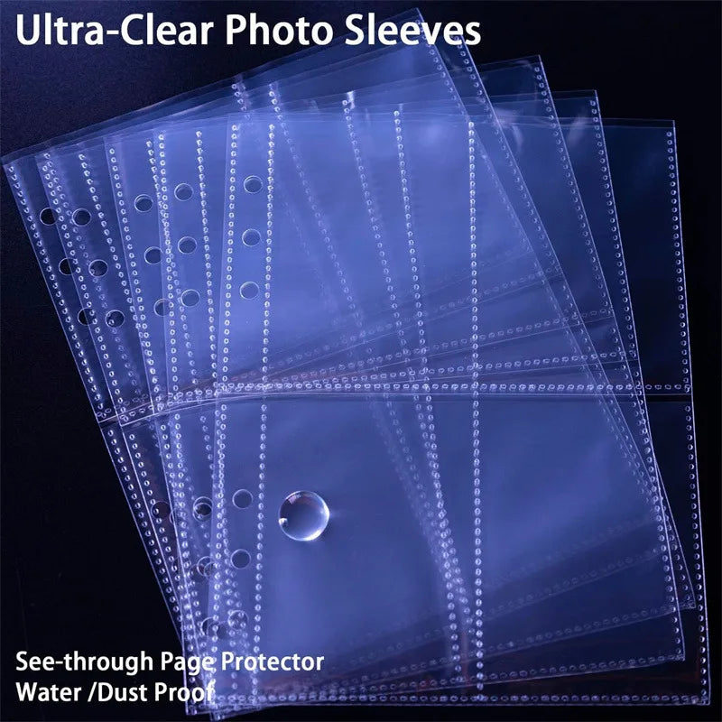 Ultra-Clear Photo Sleeves are shown in a stack, demonstrating their see-through protection for photos and collectibles.