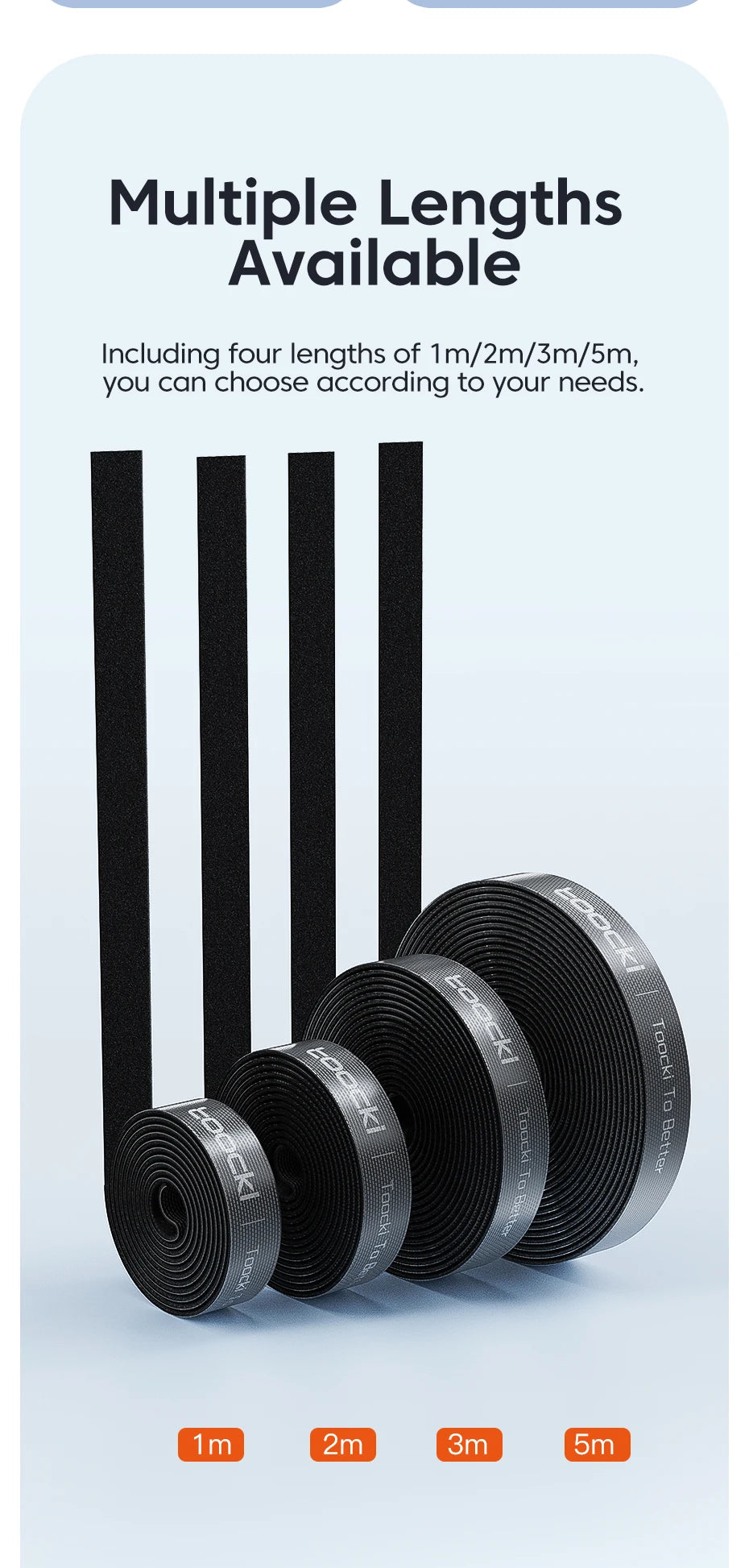 Schwarzer Kabelorganisator mit Wickelbandrollen verschiedener Längen (1m, 2m, 3m und 5m)