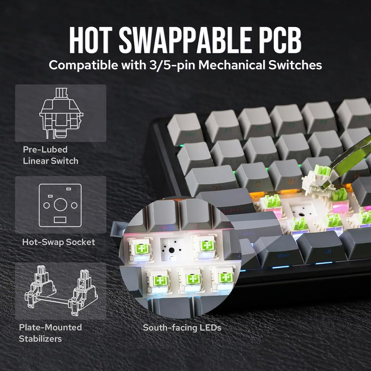 Hot swappable PCB for mechanical switches, showing pre-lubed linear switches and plate-mounted stabilizers.