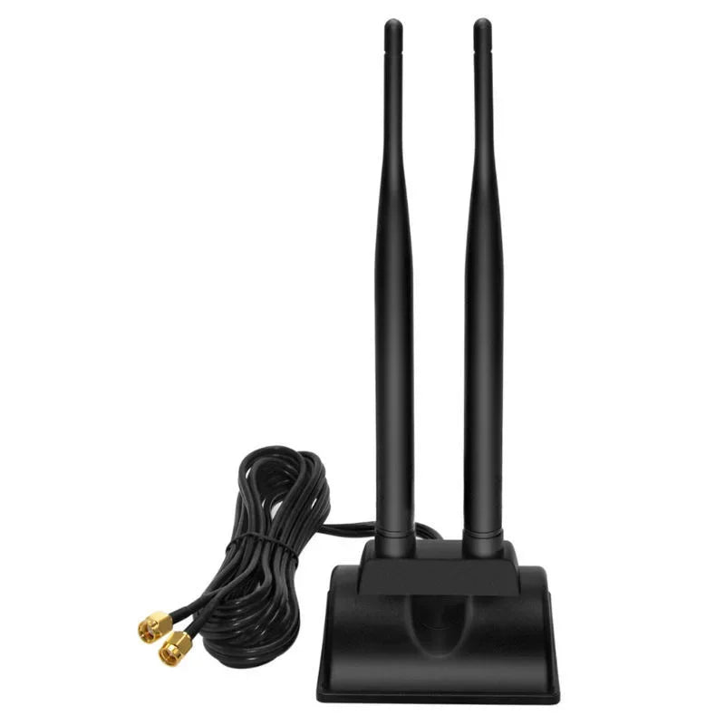 Black dual band magnetic WiFi antenna with a flexible cable for wireless routers