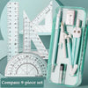 A transparent case holds a 9-piece compass set including various drawing and measuring tools.
