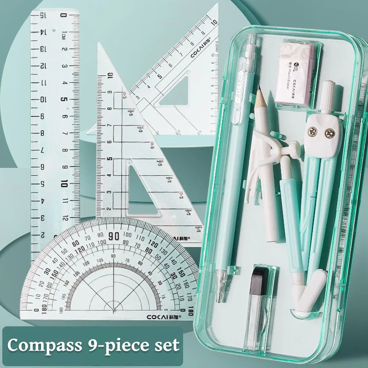 A transparent case holds a 9-piece compass set including various drawing and measuring tools.
