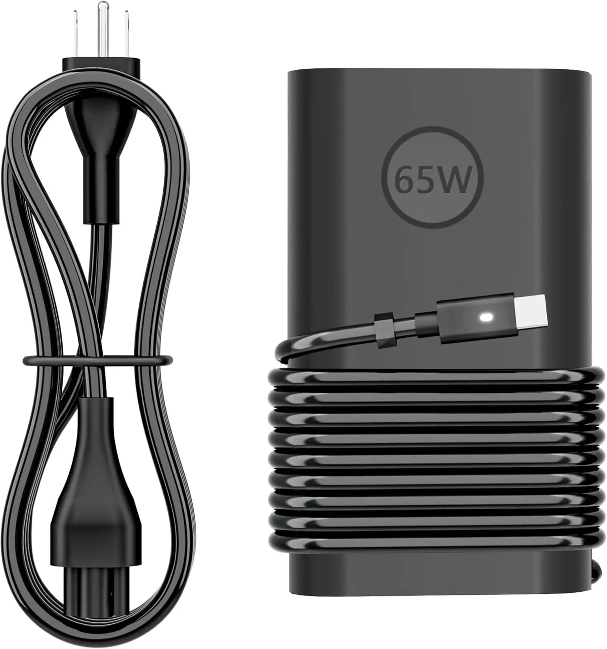Adaptador de corriente USB Tipo-C negro de 65W para portátil con cable enrollado y carcasa cilíndrica.