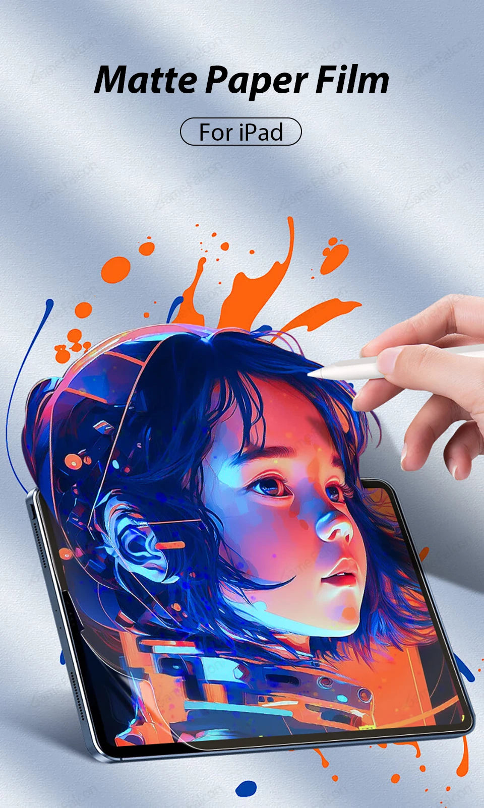 Una mano aplica un protector de pantalla de película mate a un iPad, mostrando los colores vibrantes de la película en el dis
