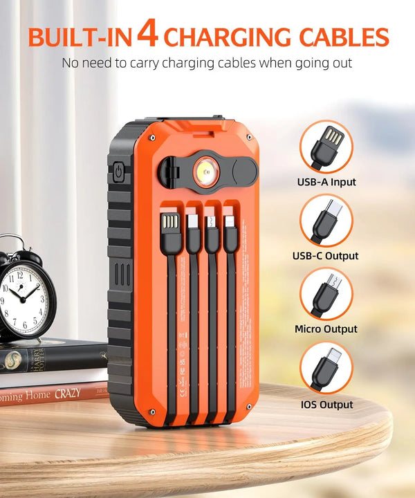 An orange power bank with four built-in charging cables is shown next to a clock and books.
