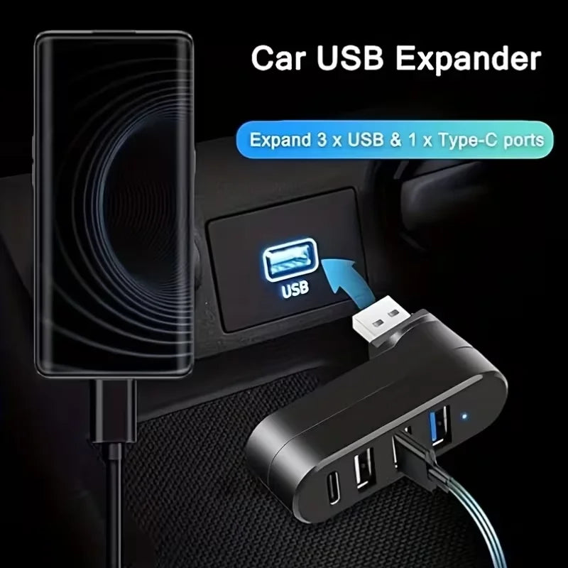 موسع كابل USB أسود يعرض منافذ USB و Type-C متعددة متصلة بهاتف ذكي.