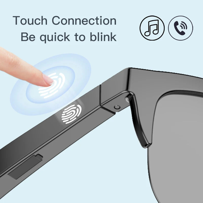 A hand touches a sensor on black sunglasses, demonstrating the touch connection feature.