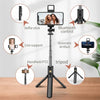 A 3-in-1 selfie stick tripod featuring a smartphone mount, LED fill light, and Bluetooth control remote.