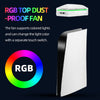 A white RGB top dust-proof fan is shown next to an RGB color circle.