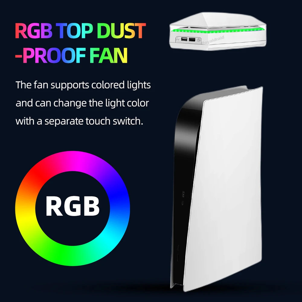A white RGB top dust-proof fan is shown next to an RGB color circle.