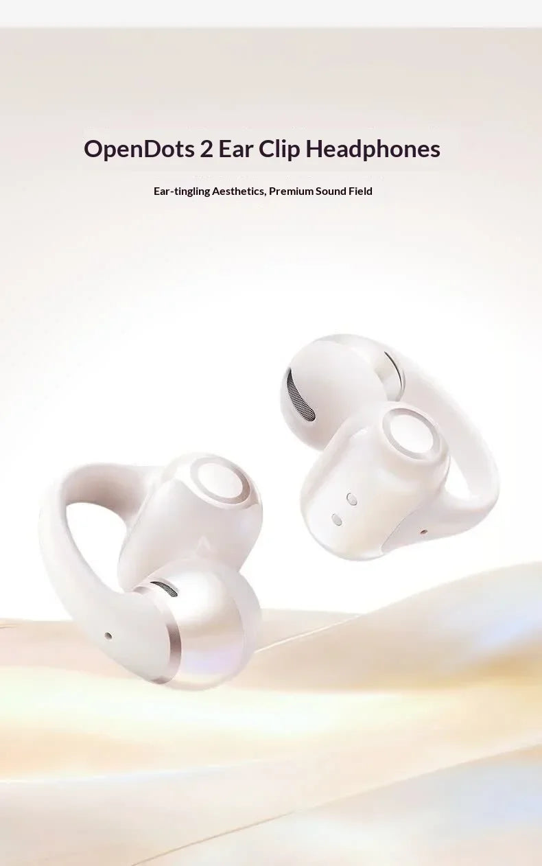 A pair of white OpenDots 2 Ear Clip Headphones shown against a light background.