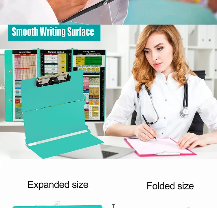 A woman is using an A4 foldable medical clipboard with a smooth writing surface on a desk.