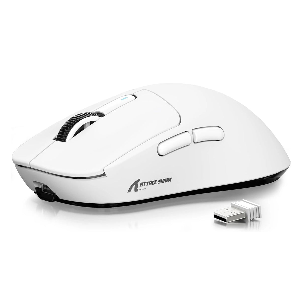 A white Attack Shark wireless gaming mouse with a detachable USB receiver is shown on a white background.