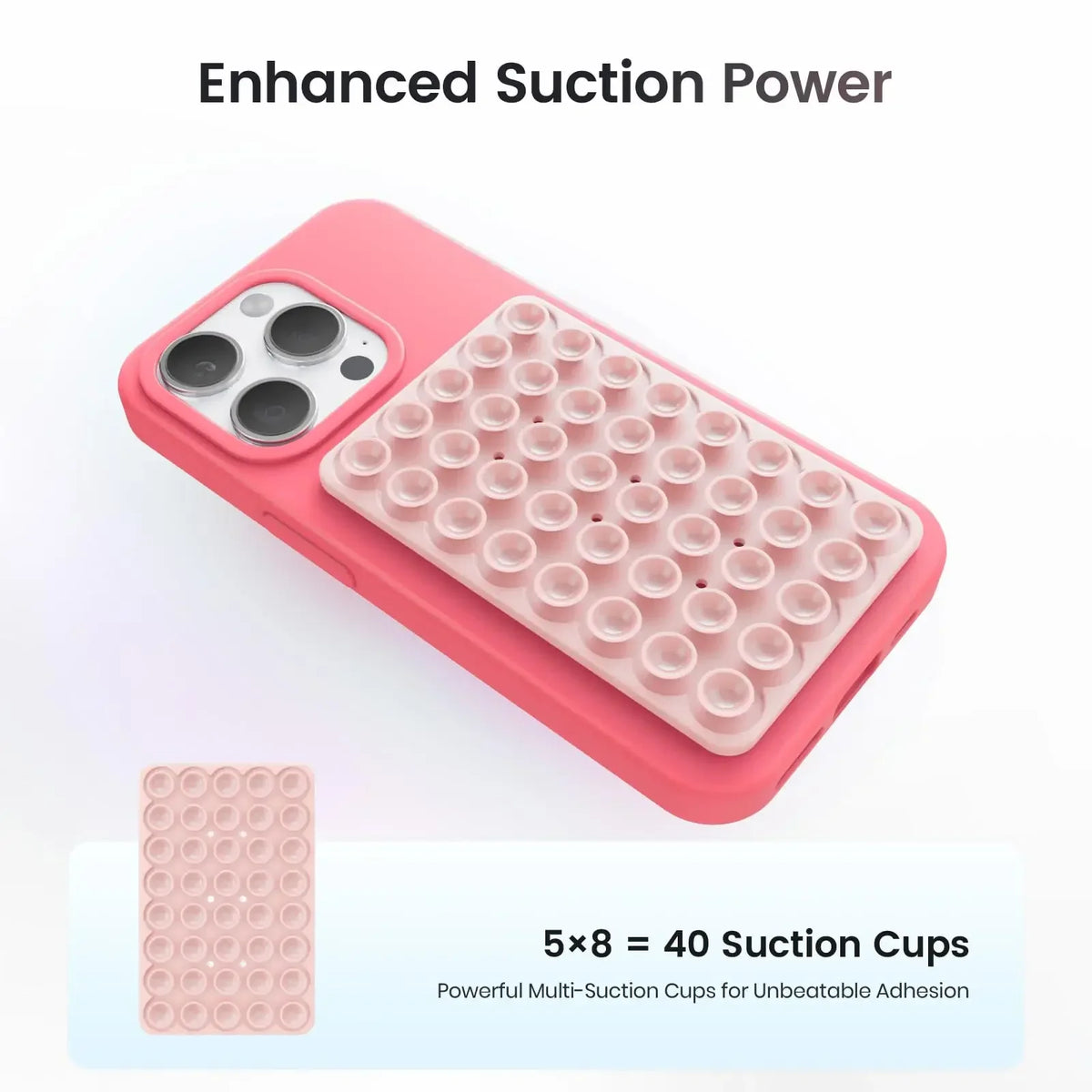 Funda de teléfono rosa con múltiples ventosas para mejor agarre y montaje.